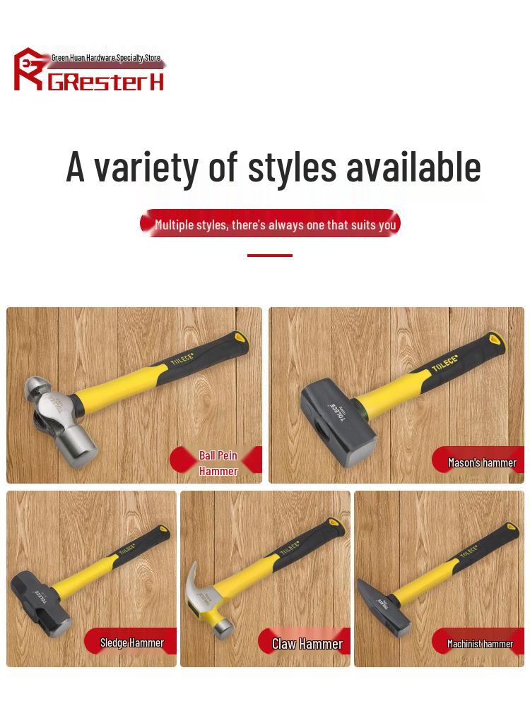 Восьмигранный стальной молоток каменщика с фибровой рукояткой - Молоток-гвоздодер с круглым бойком для деревообработки и кладки.