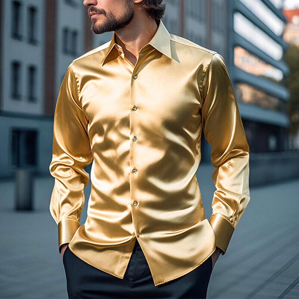 Мужская рубашка размера плюс S-XXL, шелковая атласная гладкая мужская однотонная деловая рубашка-смокинг, мужская повседневная приталенная блестящая золотая свадебная классическая рубашка