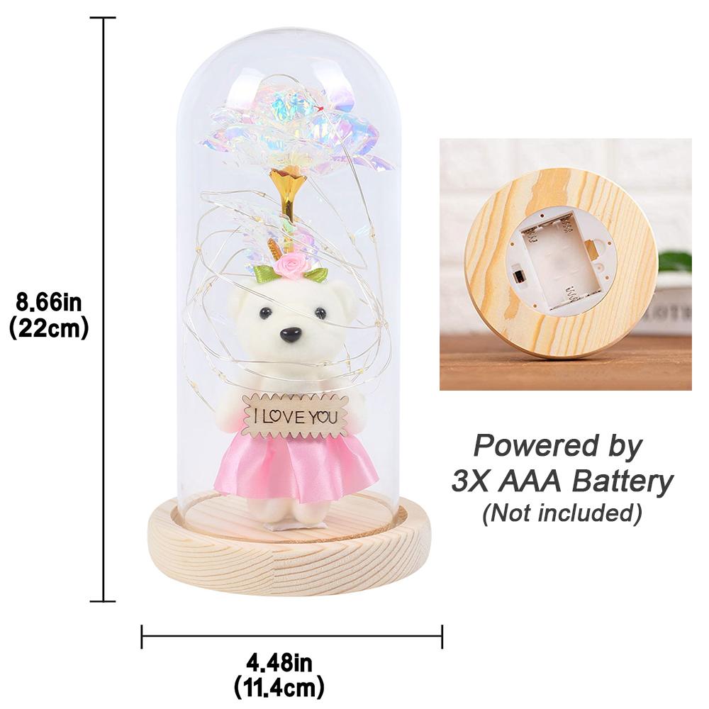 Очарованная красота Роза и Медведь со светодиодной подсветкой в ​​стеклянном куполе на деревянной основе Ночник для вечеринки День матери День рождения Подарок на День святого Валентина