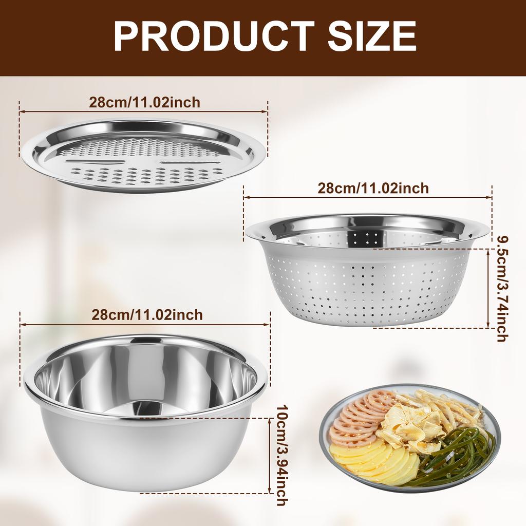 3Pcs Stainless Steel Basin with Grater Multifunctional Stainless Steel Basin Strainer Set Stackable Fruit Washing Bowl for Home