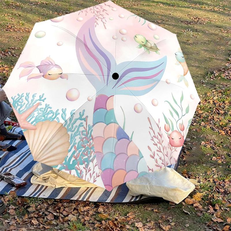 1PC Mermaid Tail Ocean Life Umbrella-8-Rib Reinforced Portable Folding Travel Suitable for All Seasons Outdoor Daily Use-Z0477