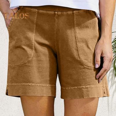 Женские хлопковые льняные шорты с эластичной талией, мешковатые короткие брюки с карманами, повседневные летние шорты длиной до колена