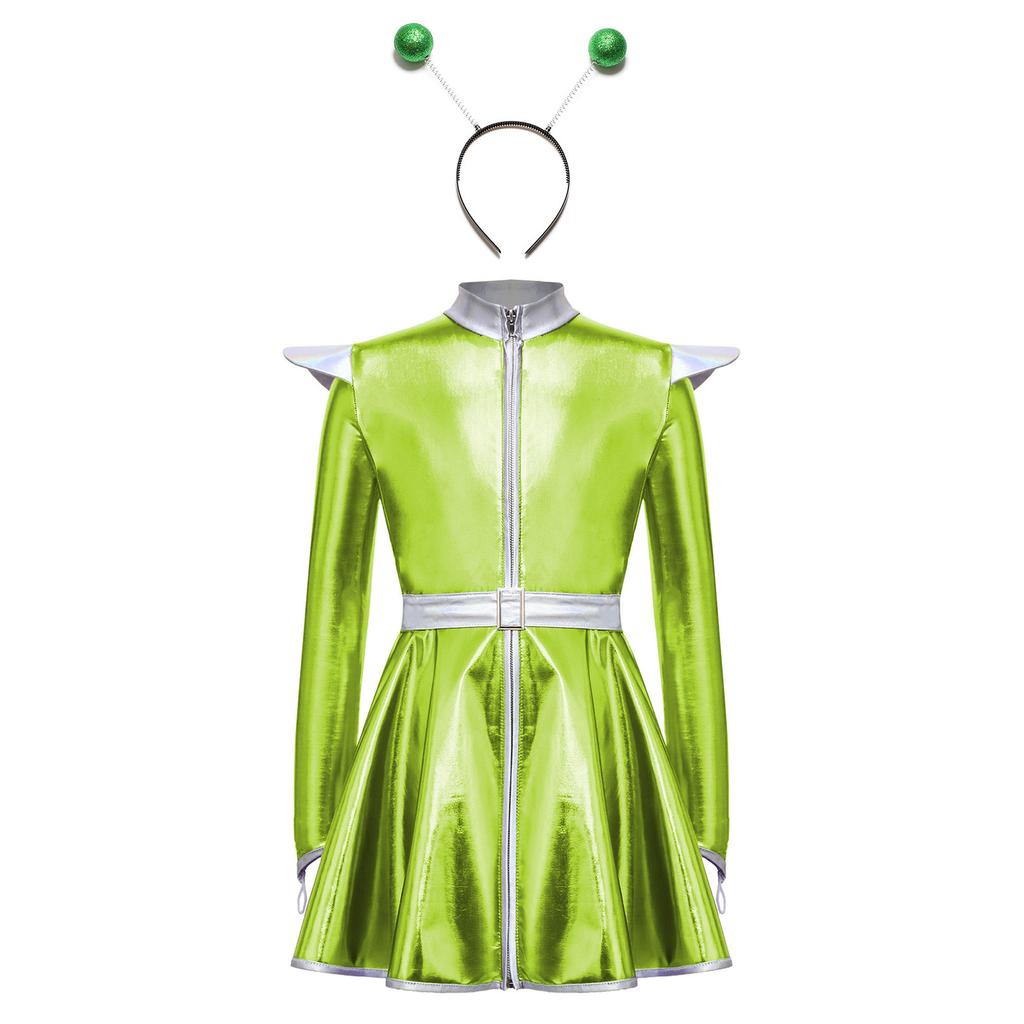 Girls Shiny Metallic Alien Robot Costume Long Sleeve Zip Up A-Line Dress Belt Hair Hoop Set