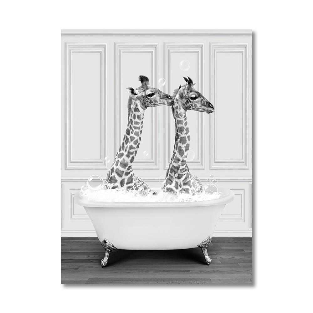 Забавные животные Настенное искусство Постеры Принты Купающийся жираф Пингвин Слон Зебра Холст Живопись Картина для Ванной Комнаты Комнаты Домашний Декор