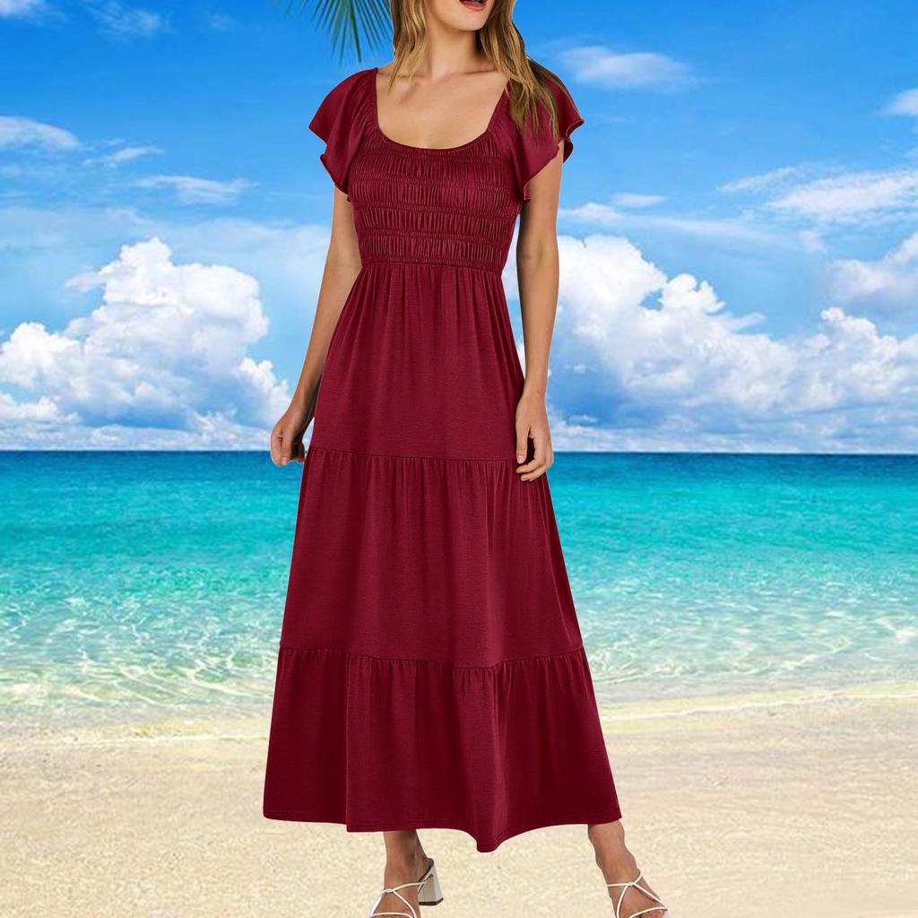 Women's Summer Casual Short Sleeve Square Neck Smocked Elastic Waist Tiered A Line Maxi Dress With Pockets