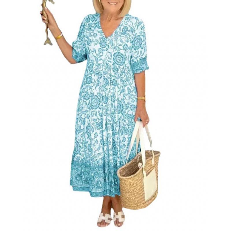 Женское пляжное платье для отпуска на море, супер фея, V-образный вырез, цветочный принт, свободное, универсальное, длинная юбка, большой размер