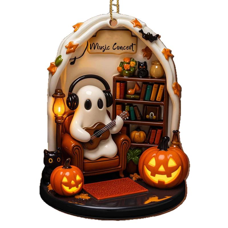 Cute Reading Ghost Halloween Ghost Ornaments 2D Flat Acrylic Pendant Halloween Hanging Home Decor