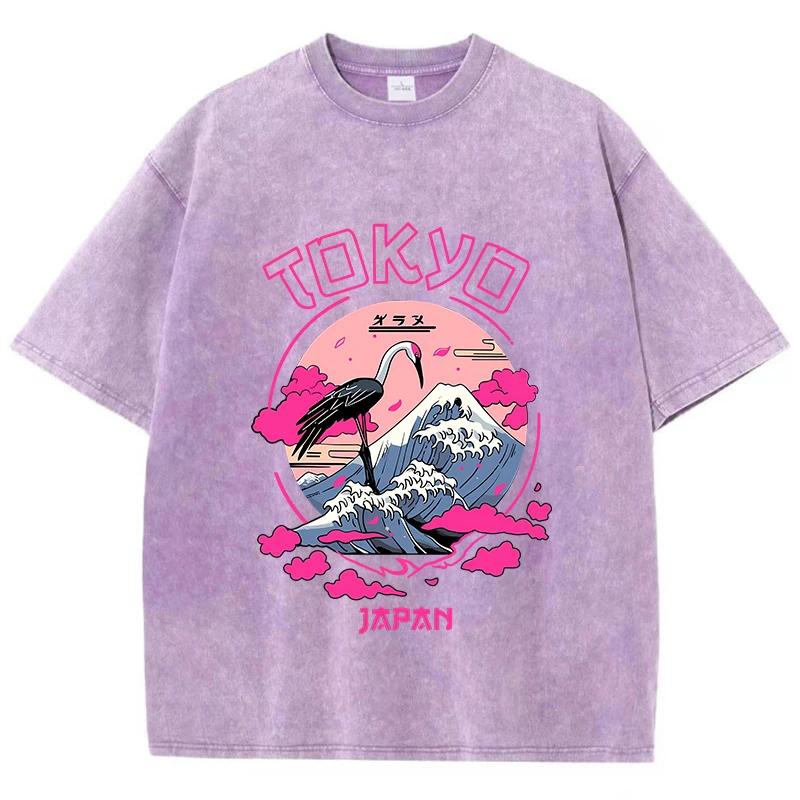Винтажные женские футболки с кислотной стиркой Tokyo Harajuku Печатные футболки с круглым вырезом Хлопок Оверсайз Короткий рукав Мода Одежда