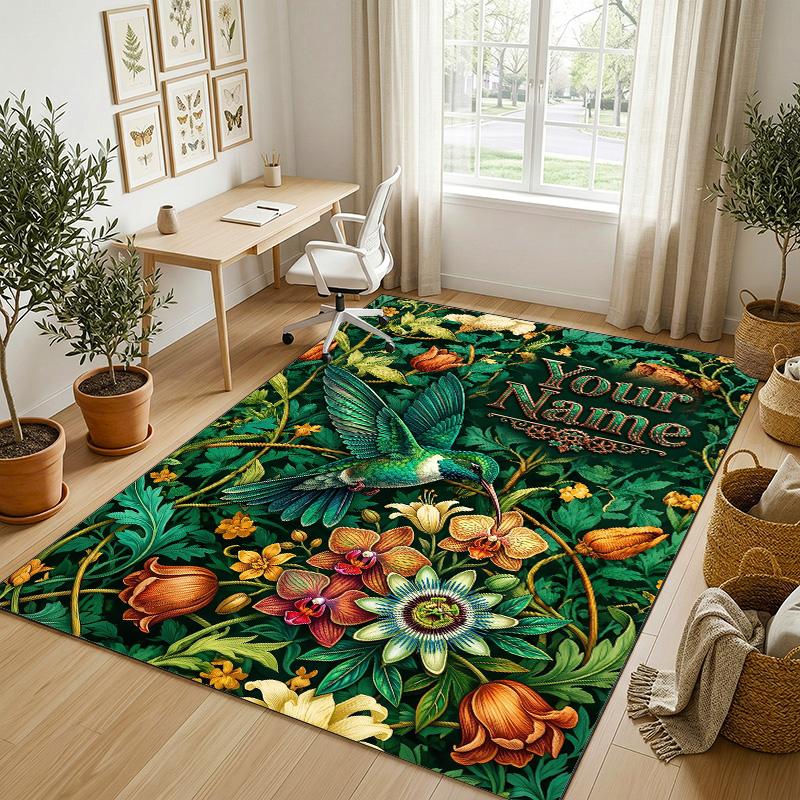 Hummingbird Fantasy Theme Soft Crystal Velvet Rug Custom Name & Text Print Non Slip Floor Rug for Bedroom Living Room