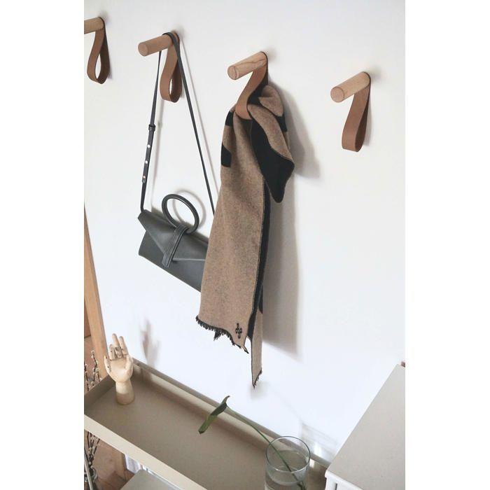 Patères murales AIMOONSA Forest en hêtre et cuir (lot de 3) — Porte-manteaux muraux déco, support 10 kg
