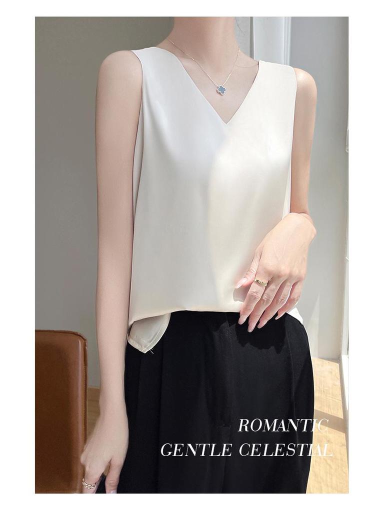 Versatile Women's Satin Camisole: Front V, Round Back, Sleeveless, Wide Straps—perfect Under a Suit, Silky Finish with an Elegant Back.