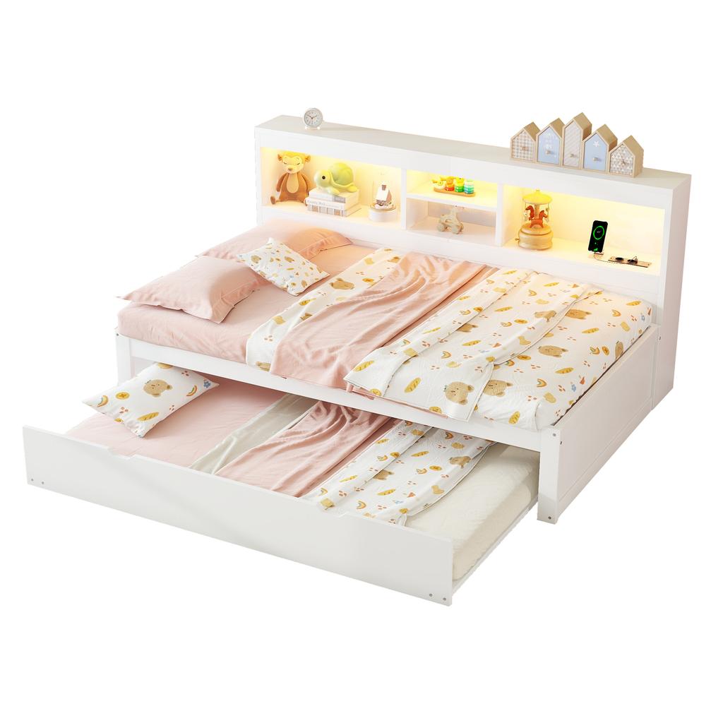 Sleeper Sofa, Daybed, Day Bed, 90*200cm, With LED Lights, Bedside Storage Compartment, Pull-Out Bed, Socket + USB, Without Mattress, White