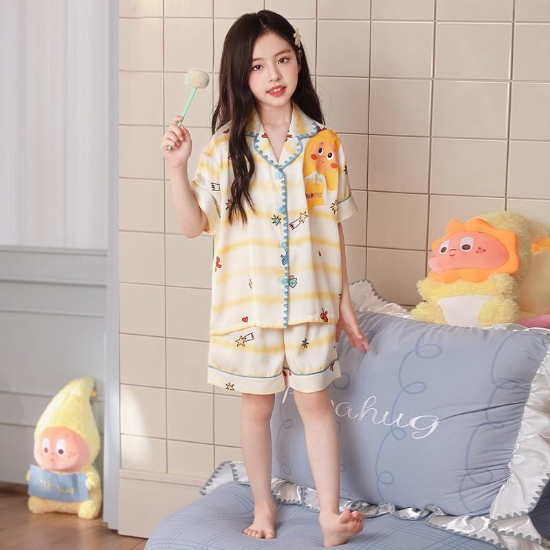 2026 Girls Ice Silk Short Sleeve Pajama Set Cartoon Print Lightweight Sleepwear Ages 8