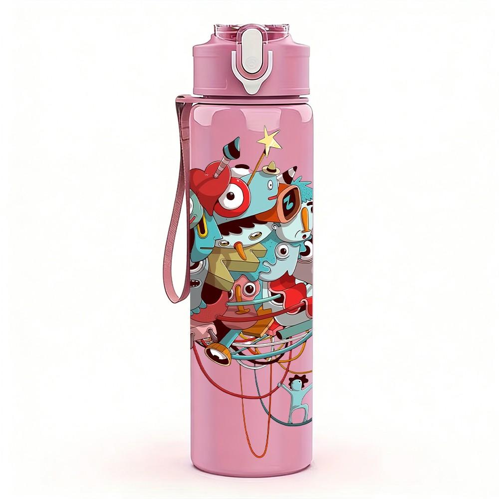 1PC Colorful Graffiti Doodle Art Pattern 750ml Color Plastic Sports Water Bottle Leakproof Flip Straw Lid Suitable for Sports Office Home Use