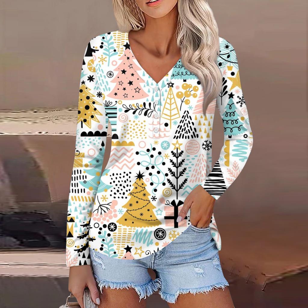Women's Casual Fashion Sexy Comfort Christmas Printed V-Neck Button Long Sleeve
