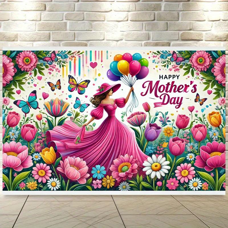 Happy Mothers Day floral tapestry colorful butterflies balloons garden party banner outdoor fence decoration spring celebration