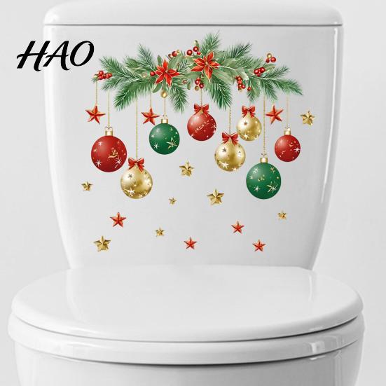 Festive Toilet Decoration Christmas Ball Sticker, Removable Bathroom Wall Decal, Waterproof PVC Decals Lid Decal for Holiday Party