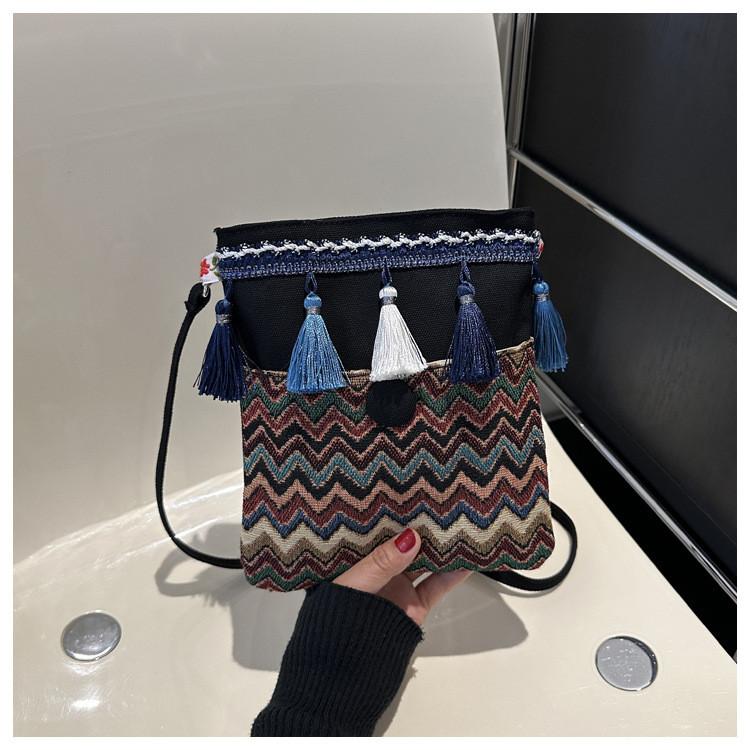 Ethnic Style Canvas Small Shoulder Bag With Wave Patterns And Decorative Tassels For Daily Use