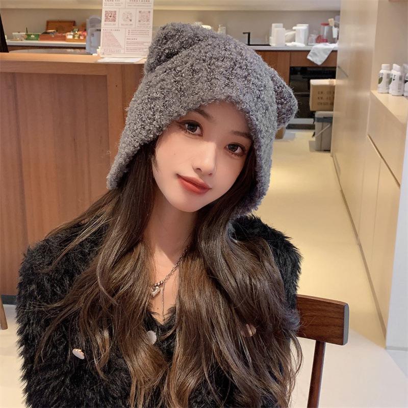 Зимняя милая вязаная шапка с медвежьими ушками в корейском стиле, теплая флисовая подкладка, шапка-бини с ушками для женщин, модная и уютная вязаная шапка