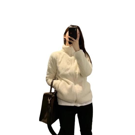 Женская флисовая куртка большого размера с двусторонним ворсом - Бархатистая, Плотная, Осень/Зима, Теплая, Свободного кроя, Воротник-стойка, Модный кардиган-свитшот.