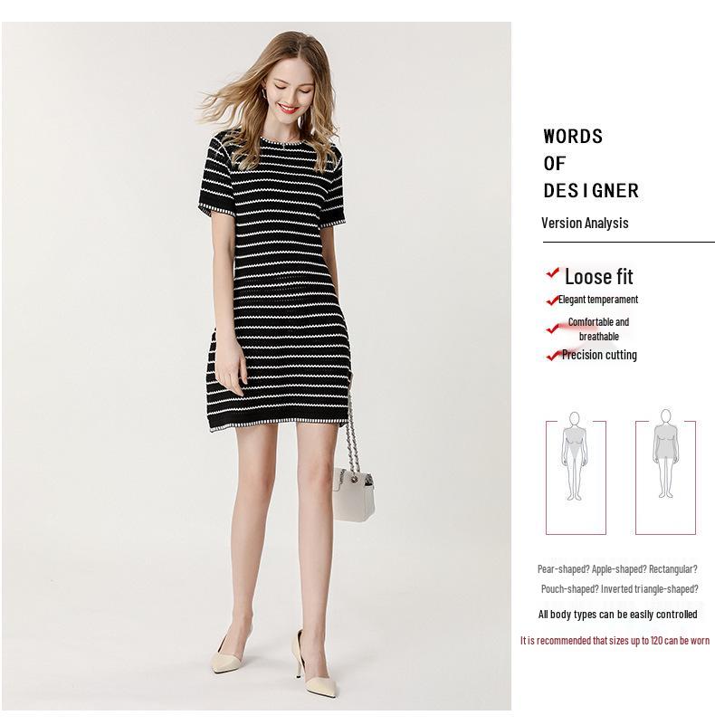Spring/Summer Knitted A-line Dress: Breathable Striped Cutout Design for Everyday Wear