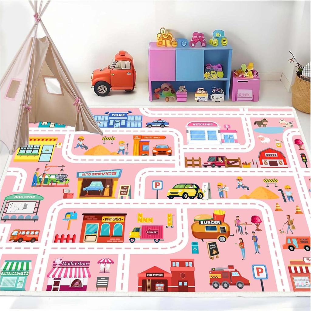 Car Play Mat for Boys and Girls Highway City Traffic-Themed Rugs for Kids Toy Cars Kids Rugs for Playroom Non-Slip Kids Play Rug