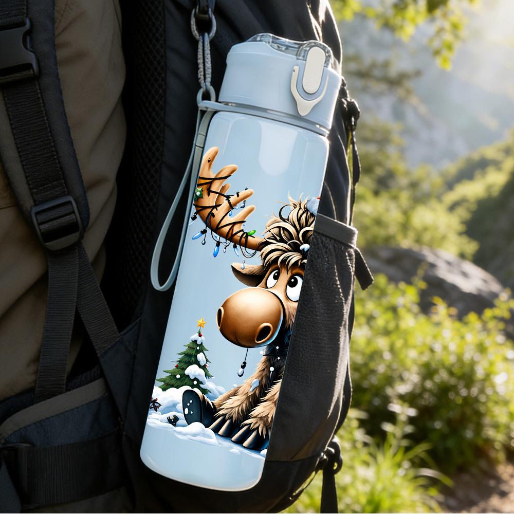 1PC Christmas Moose Cartoon 750ml Color Plastic Sports Water Bottle Leakproof Flip Straw Lid Suitable for Sports Office Home Use
