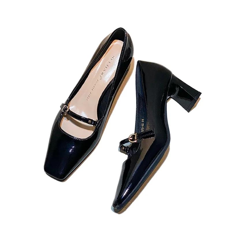 Мода 2024 Женская обувь Мэри Джейн Женские туфли-лодочки на высоком каблуке Модные туфли для платья Женские туфли с квадратным носком на высоком толстом каблуке с ремешком и пряжкой Женские