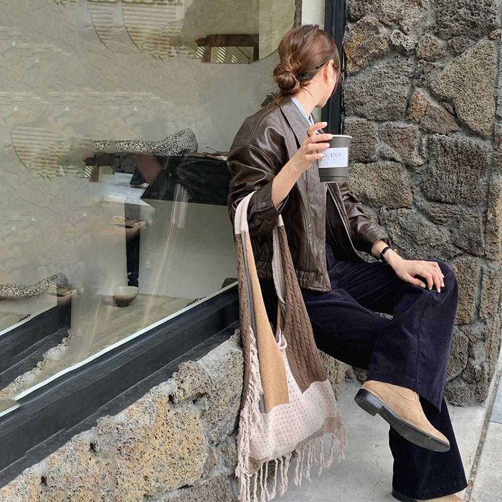 Patchwork Hollow Crochet Bag Casual Commuting Tote Bag Trendy Boho Style Handbag Girls