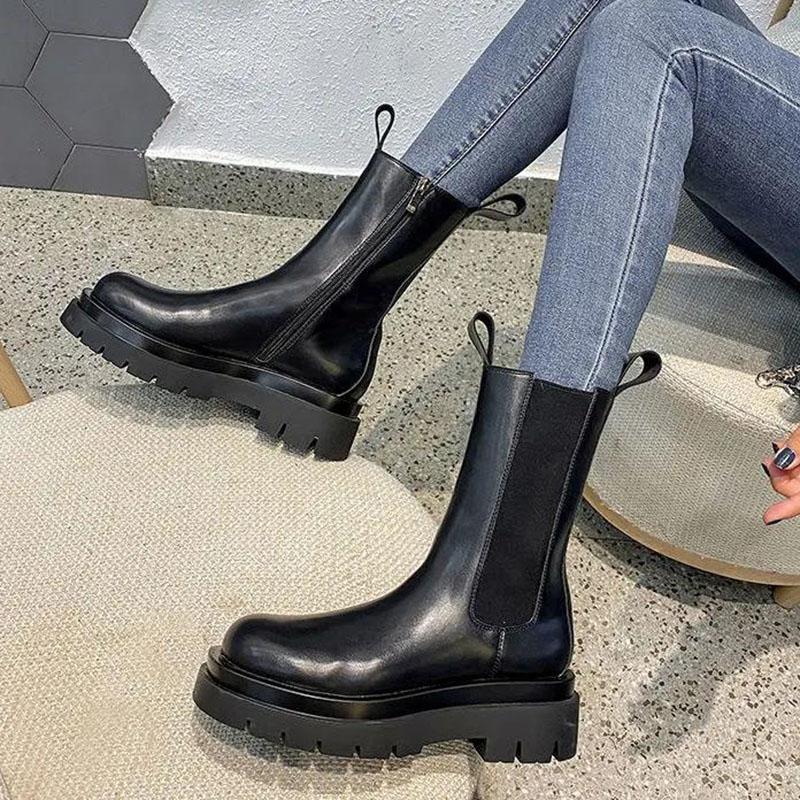 Женские ботинки, осенне-зимние эластичные ботинки средней длины, ботинки на толстой подошве, женские ботинки с одной внутренней боковой молнией