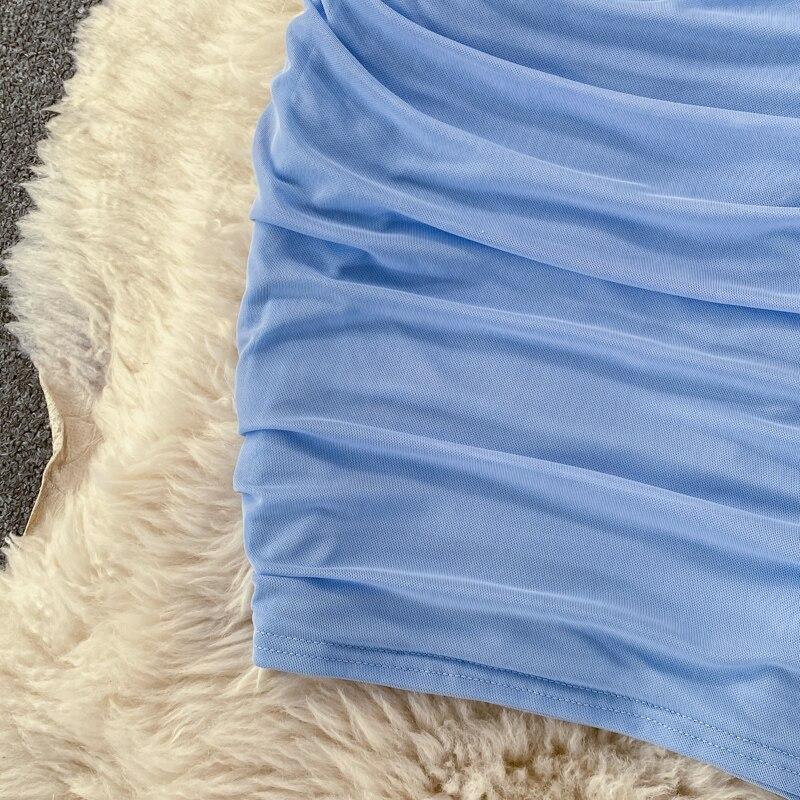 Сексуальное платье с короткими рукавами, высокой талией, облегающее, плиссированное, с квадратным вырезом, облегающее бедра