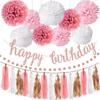 Rose Gold Birthday Party Decoration Set Paper Pom Pom Flower Paper Flower HAPPY BIRTHDAY Banner Sparkling Garland Tassel Garland Celebration Day