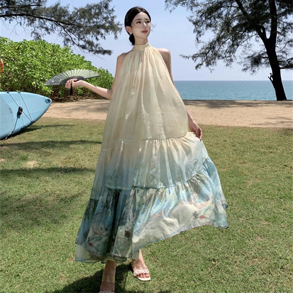 Summer Holiday Ink Printing Loose Halter Dress Women's Sleeveless Organza Beach Party Off Shoulder Lace-up Oversize Robe Femme