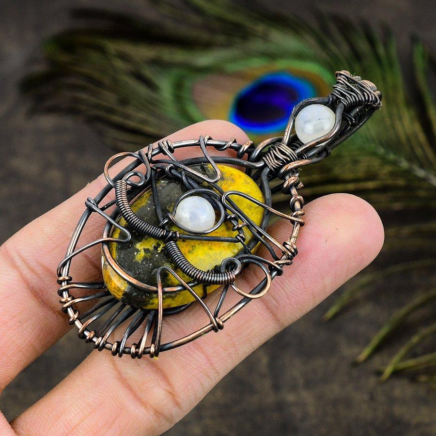 Bumblebee Jasper, Moonstone Gemstone Copper Wire Wrap Jewelry Pendant 3.66"