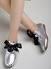 Shoetopia Women Dress Shoes Stylish Metallic Flats with Black Bow Detail, Perfect for Formal & Casual Occasions