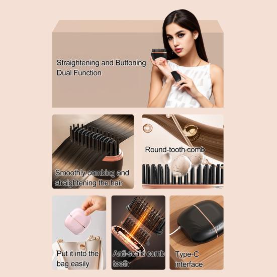Мини-расческа-выпрямитель для волос 3 регулируемых температурных режима Перезаряжаемая Портативная Дорожная Легкая Быстрый нагрев