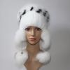Elastic Knitted Rex Rabbit Fur Beanies Handmade Real Fur Hat with Fox Fur Ears Genuine Fur Snow Cap Bonnets for Women Designer