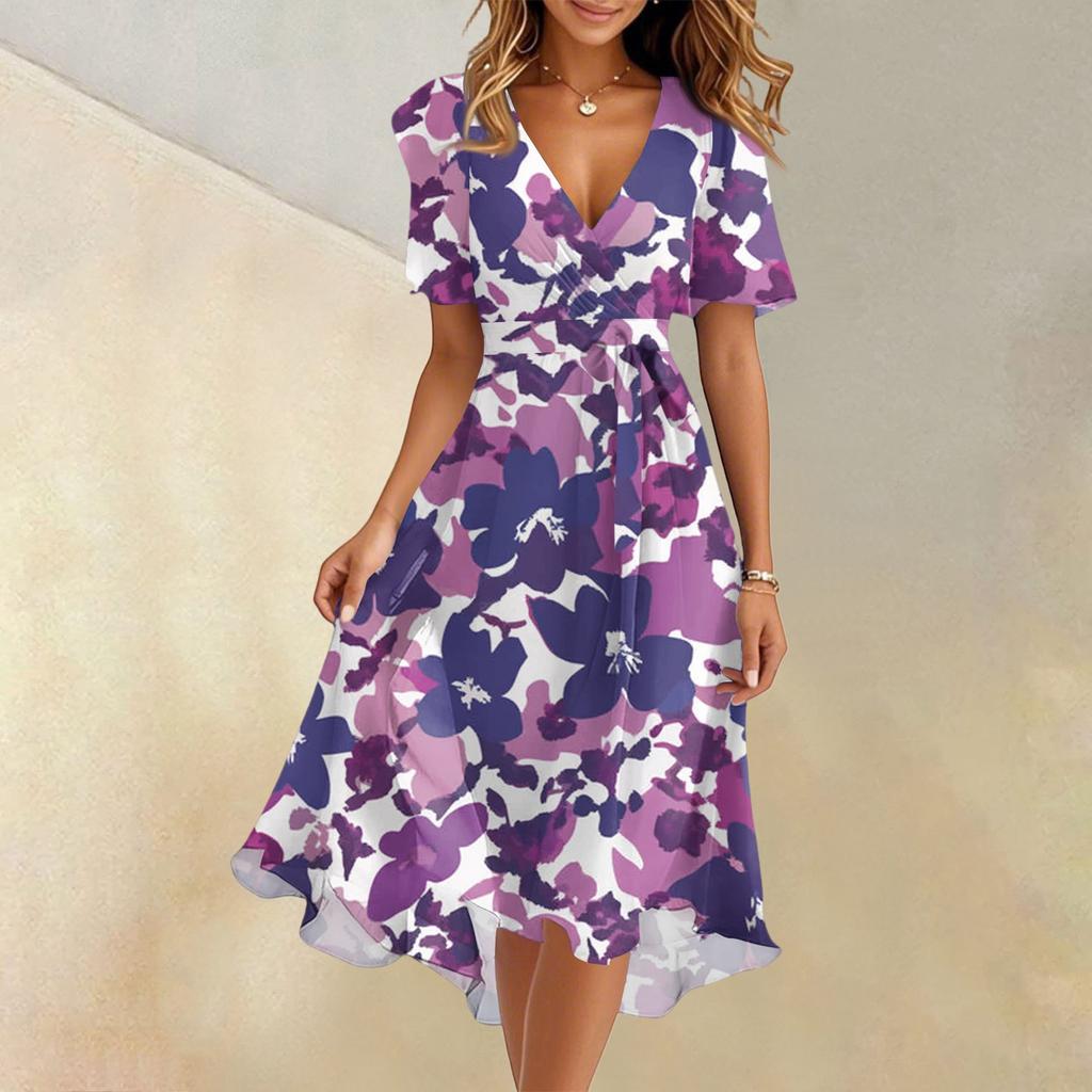 Женское летнее модное расклешенное платье с V-образным вырезом и короткими рукавами с цветочным принтом