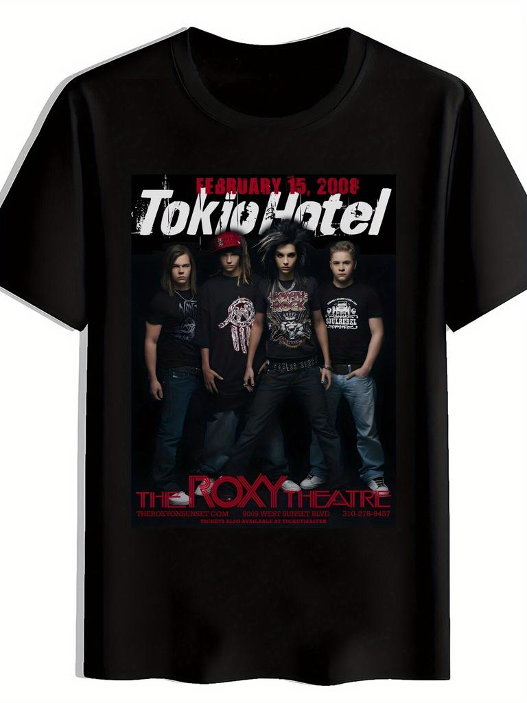 Черная футболка с графическим принтом "Tokio Hotel" - Повседневная с круглым вырезом