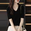 Женские свитера, пуловеры 2025 Лето Короткий рукав V-образный вырез Черный вязаный свитер Женские топы, пуловер JJ303