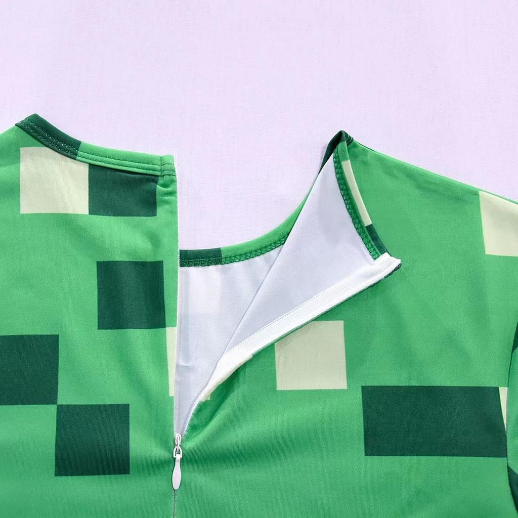 Minecraft Cosplay Costume Halloween Party Green Children'S One-Piece Bodysuit Glow-Up Head Set