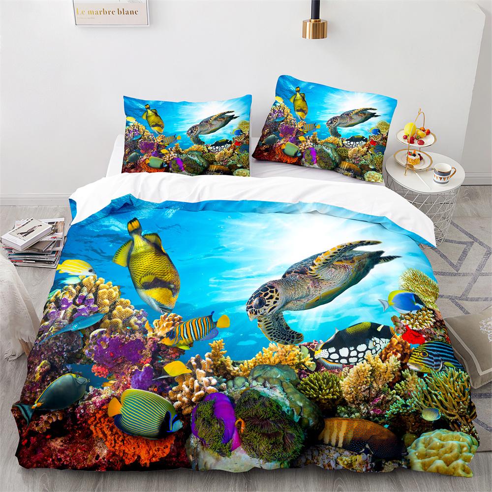 Пододеяльник Подводный мир Кинг Квин Синий Океан Акула Комплект постельного белья для детей Морское животное Коралл Рыба 2/3 предмета Полиэстер Пододеяльник