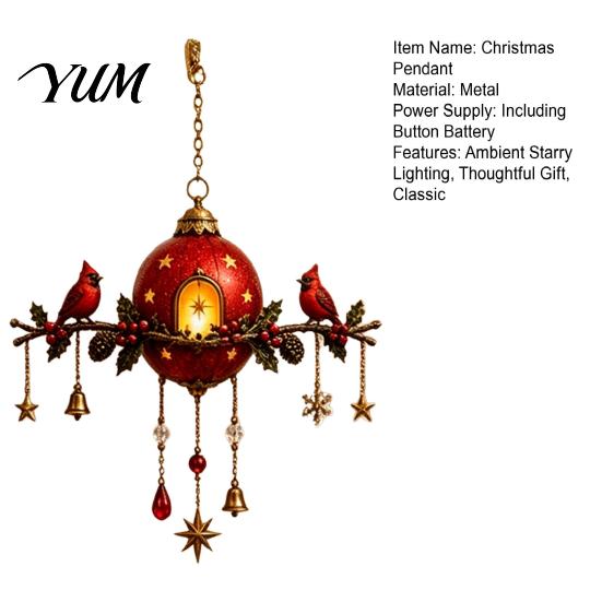 Christmas Tree Decorations Lighted Red Bird Ornament, Vintage Berry Pine Bell Holiday Party Supplies Hanging Decor with Warm Glow, Home Porch