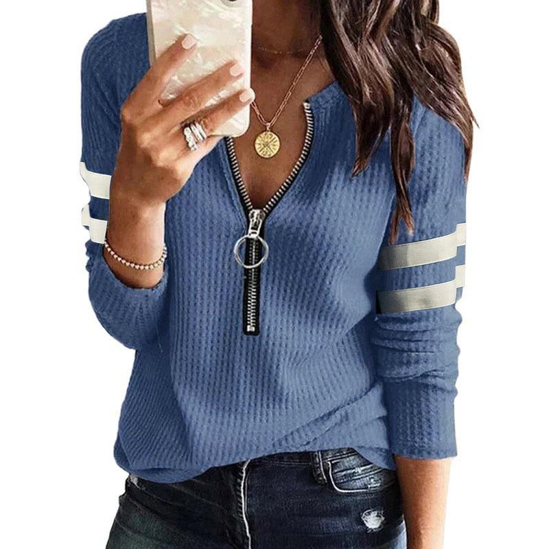 Women's Long Sleeve Zip V Neck Knit Plus Size T-Shirt