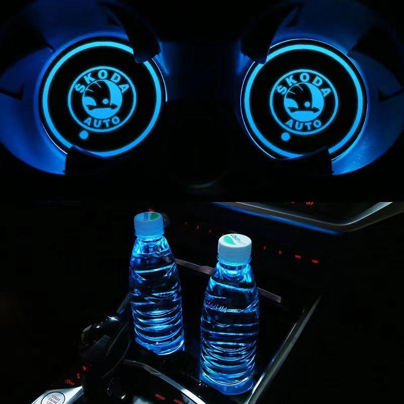 vbjny0 Water Cup Coaster Anti-Slip Pad Ambient Light Car Interior USB Charging LED Car Cup Holder Light  For Skoda 7 Color Luminous