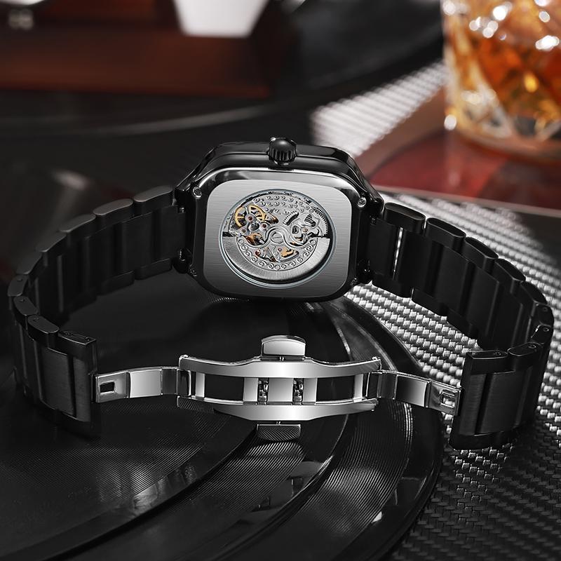 Trend Silver Watches Square Dial Stainless Steel Luxury Hollow Skeleton Mechanical Watch Waterproof Male Gifts Reloj Automático