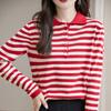 Autumn New Lapel Loose Casual Polo Shirt Women's Pure Cotton Striped Knitted Sweater Long Sleeve Foreign Style Bottoming Shirt Top