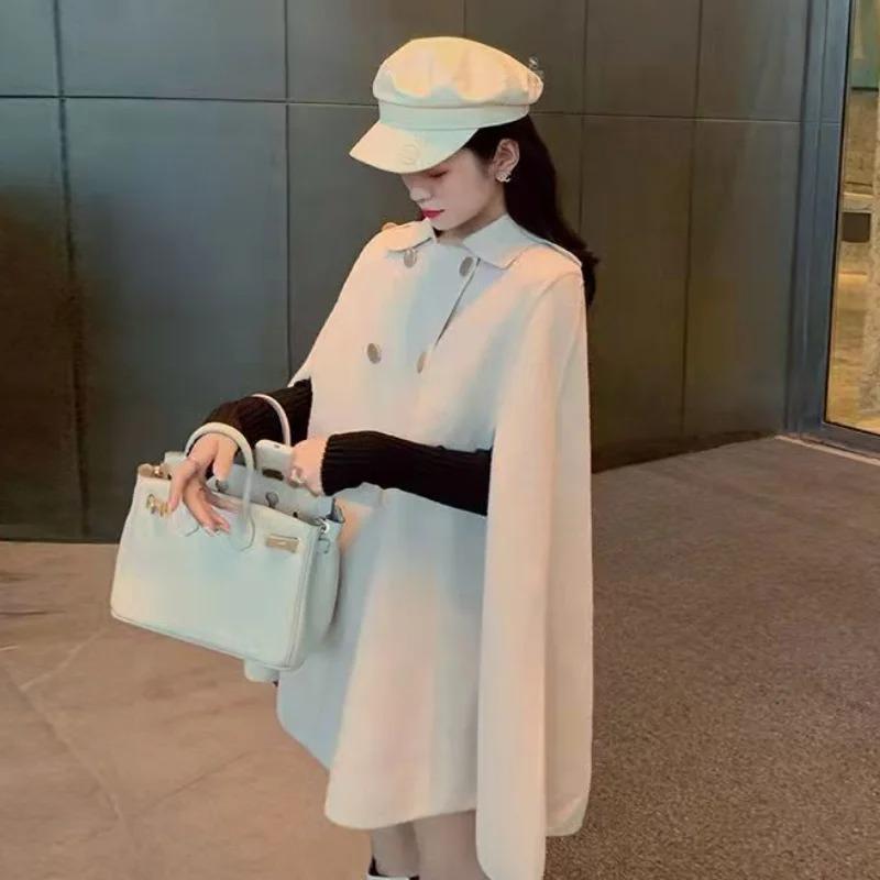 Autumn and Winter Double Breasted Women Cape Coat Loose Pure Color Female Overcoat Fashion Elegant Lapel Lady Oversized Poncho