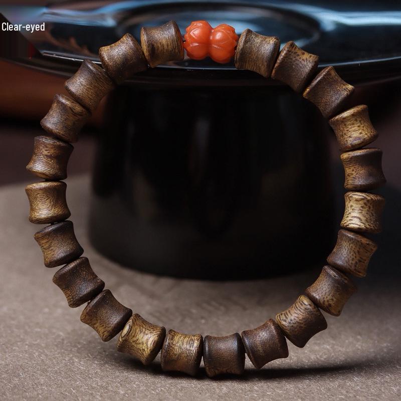 Hainan Green Qinan Agarwood Bamboo Joint & Lotus Bead Bracelet, 0.7 DIY, Unisex Prayer Beads