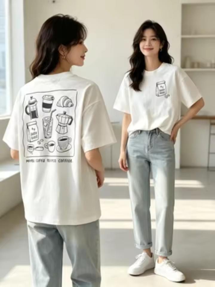 New Spring/Summer Hand-Painted Style Coffee and Bread Pattern Casual Round Neck Short-Sleeve Women's T-Shirt Graphic T shirts